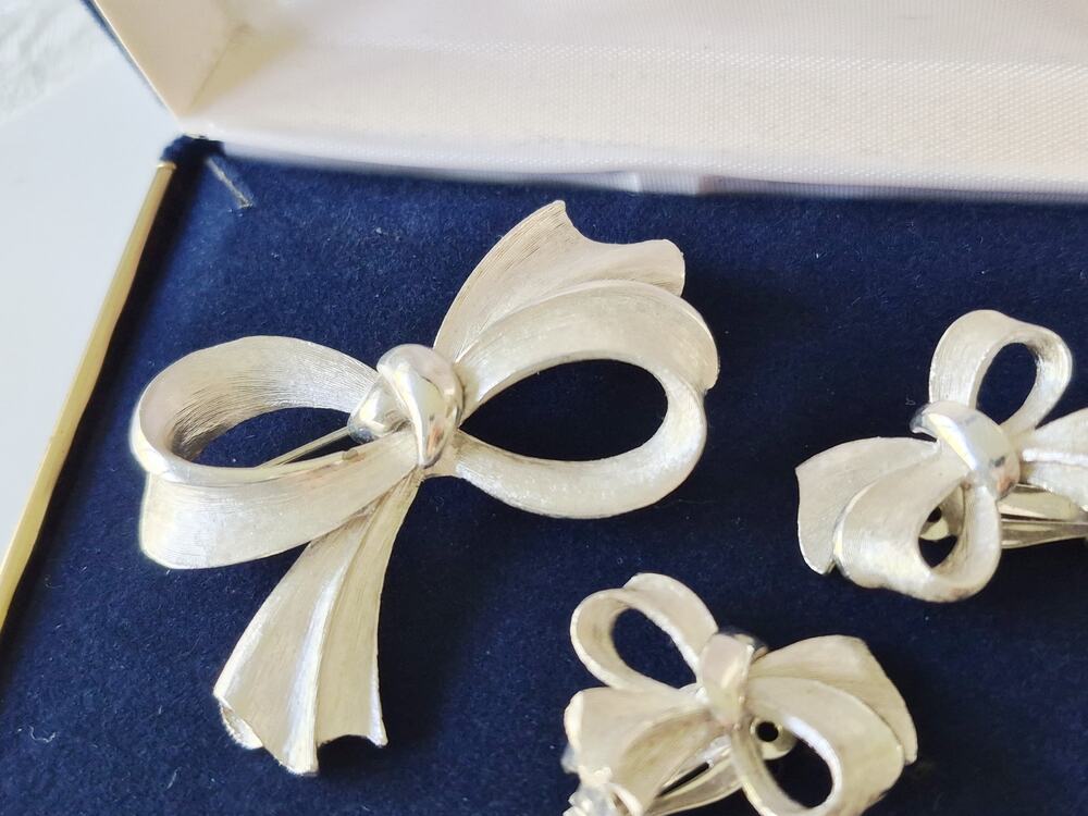 Vintage MCM Silver-tone Bow-tie Brooch and Earring Set